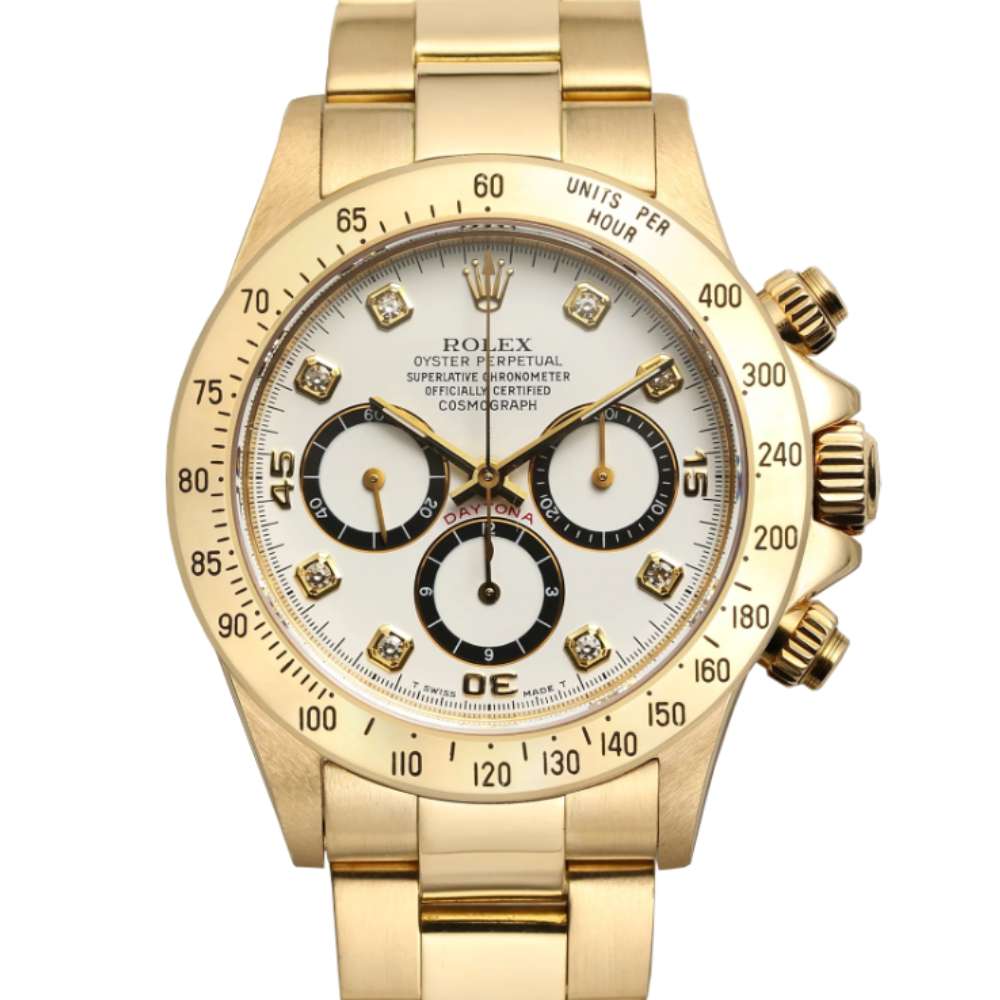 Rolex Cosmograph Daytona 40 mm | 18k Yellow gold Oyster bracelet | White diamond dial 18k Yellow gold bezel | Men's Watch 16528