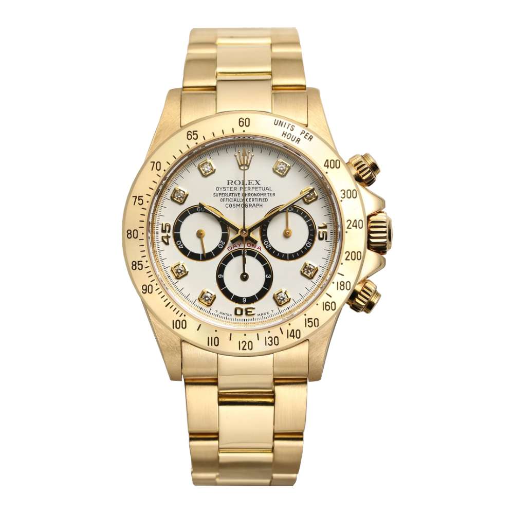 Rolex Cosmograph Daytona 40 mm | 18k Yellow gold Oyster bracelet | White diamond dial 18k Yellow gold bezel | Men's Watch 16528