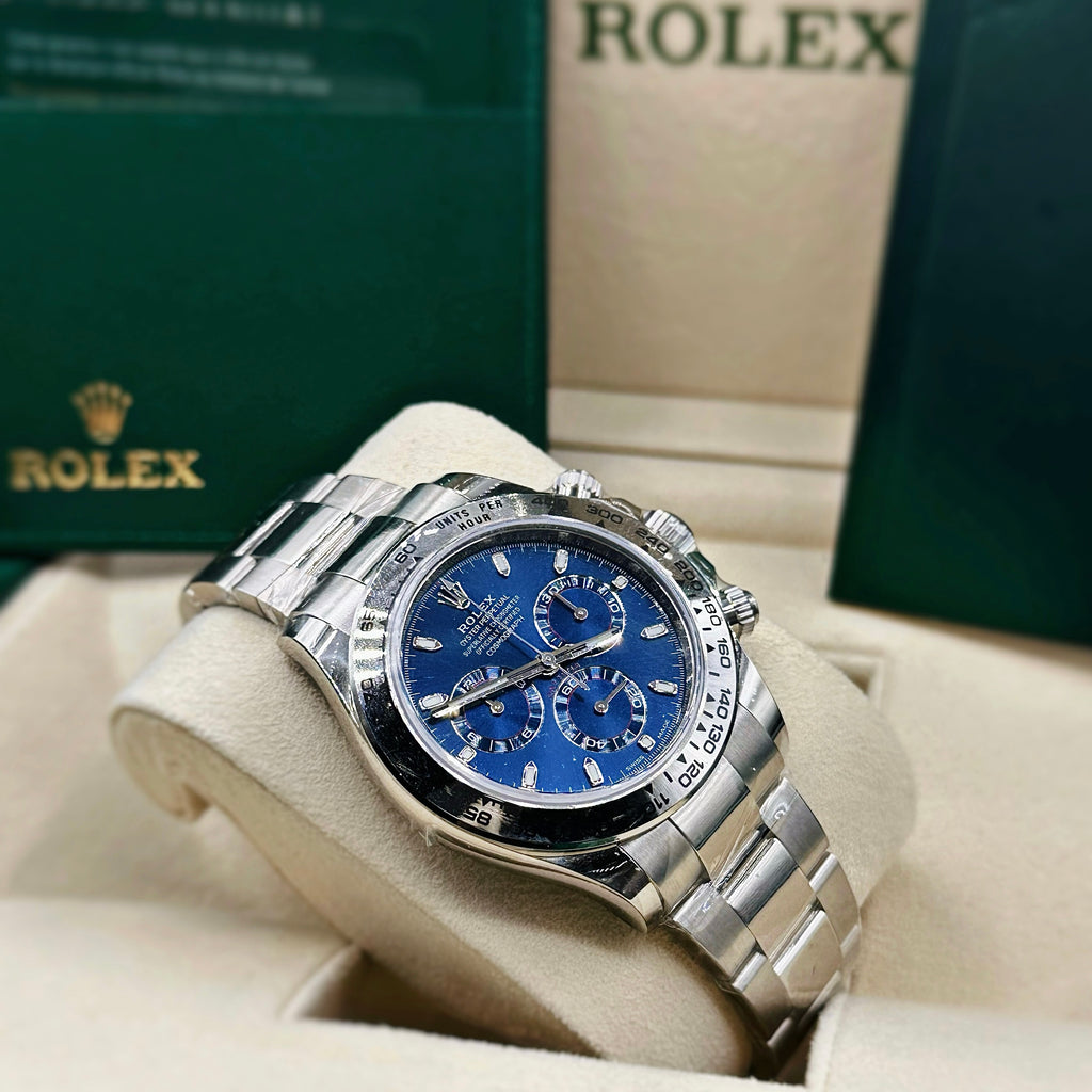 Rolex Cosmograph Daytona 40 mm | 18k White gold Oyster bracelet | Blue dial Stainless Steel bezel | Men's Watch 116509-0071