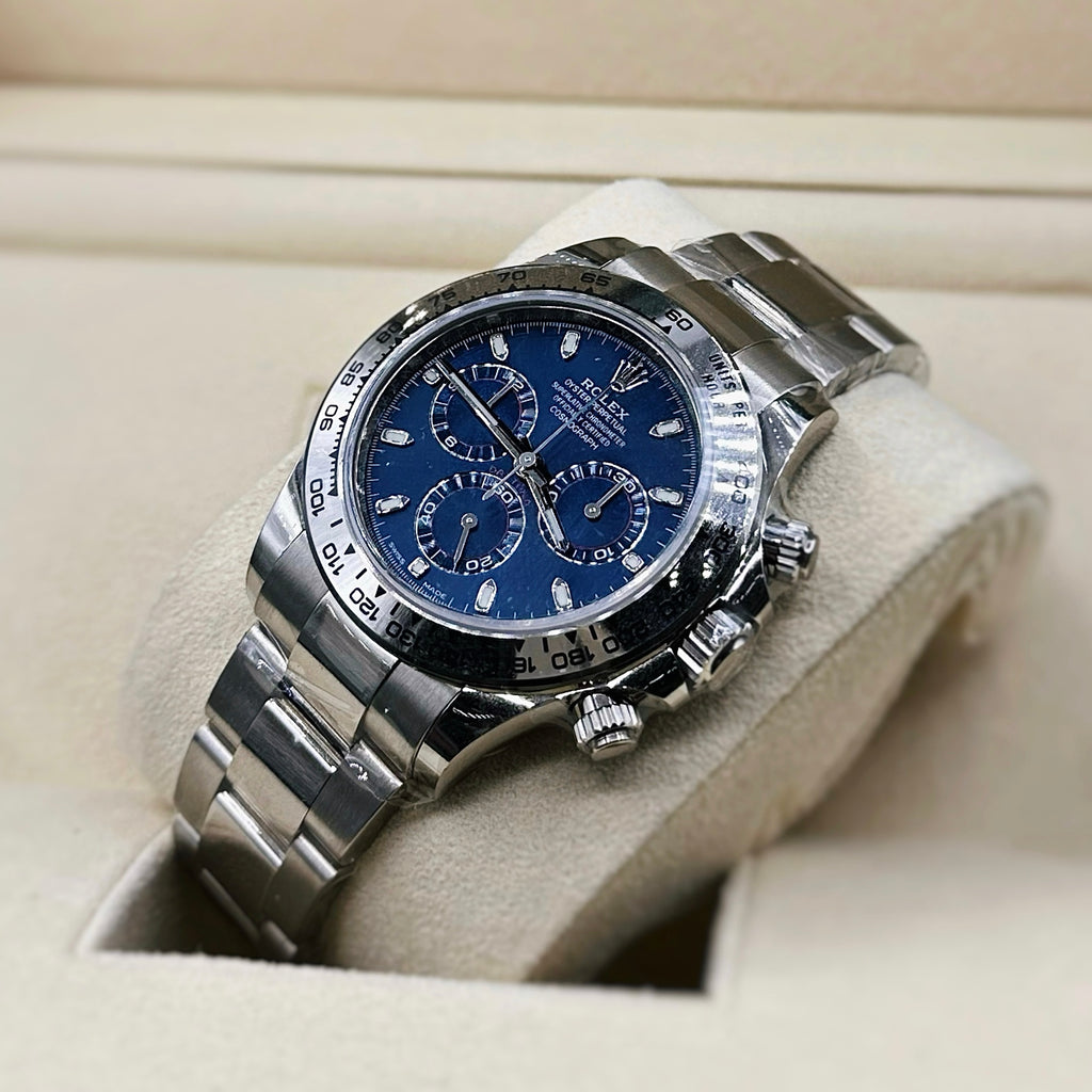 Rolex Cosmograph Daytona 40 mm | 18k White gold Oyster bracelet | Blue dial Stainless Steel bezel | Men's Watch 116509-0071