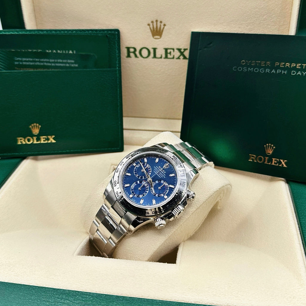 Rolex Cosmograph Daytona 40 mm | 18k White gold Oyster bracelet | Blue dial Stainless Steel bezel | Men's Watch 116509-0071