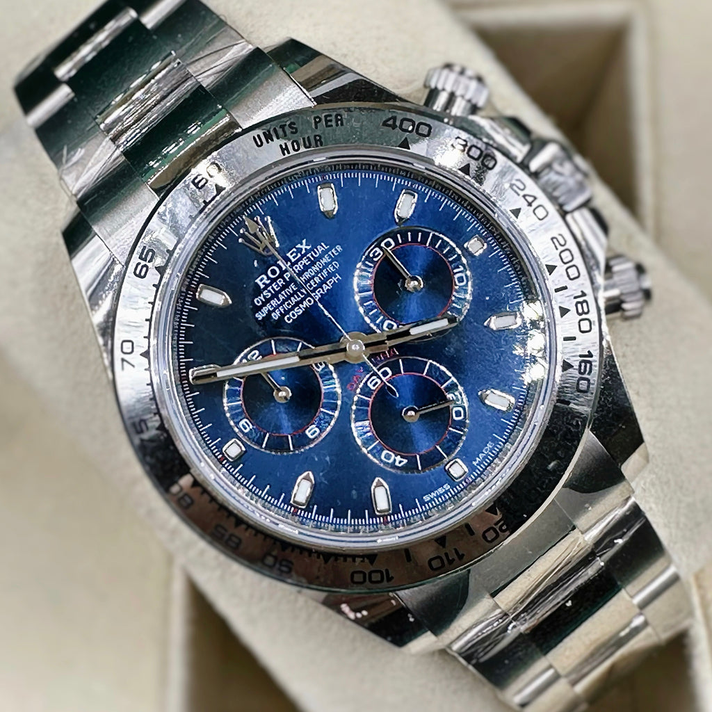 Rolex Cosmograph Daytona 40 mm | 18k White gold Oyster bracelet | Blue dial Stainless Steel bezel | Men's Watch 116509-0071