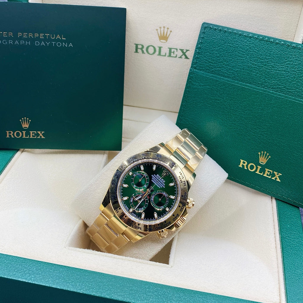 Rolex, Cosmograph Daytona 18k Yellow Gold Watch Green Dial Oyster bracelet 116508-0013