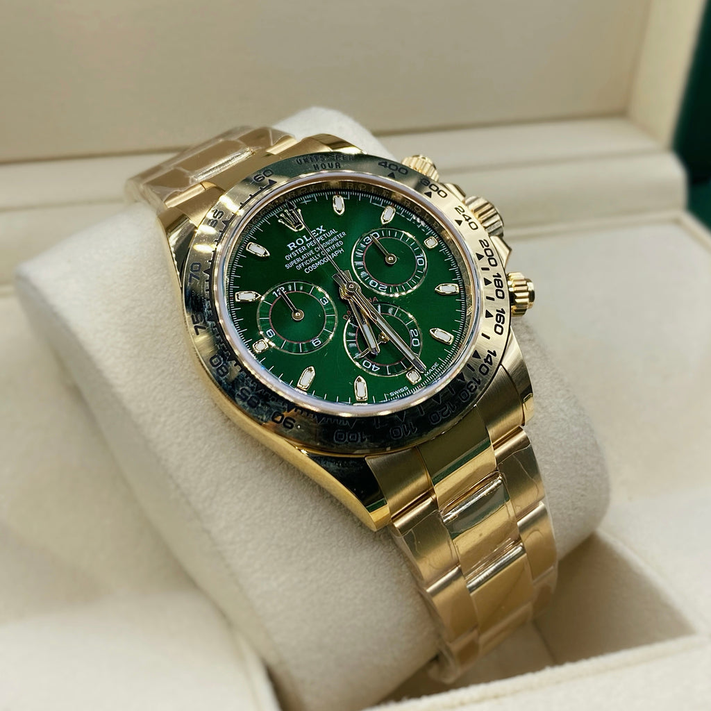 Rolex, Cosmograph Daytona 18k Yellow Gold Watch Green Dial Oyster bracelet 116508-0013