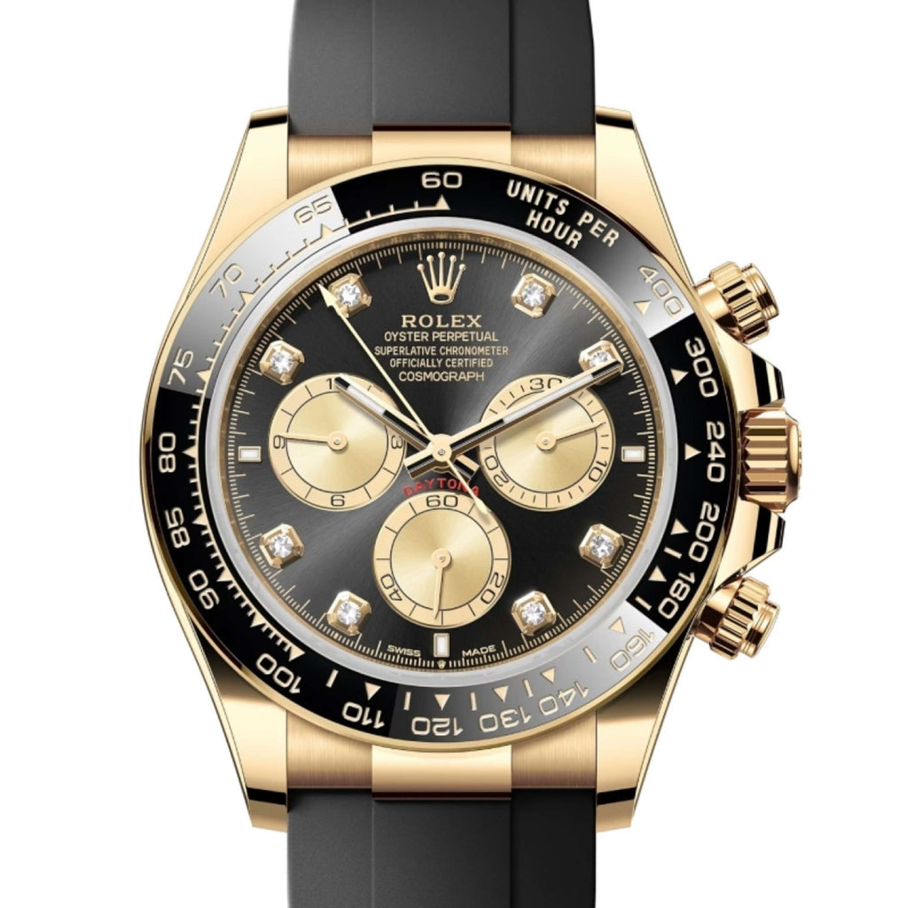 Rolex Cosmograph Daytona, Bright black and golden set with diamonds dial, Oysterflex bracelet, 18k yellow gold Watch 126518LN