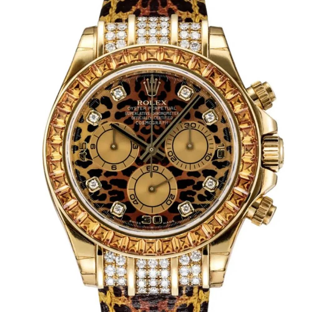 Rolex Cosmograph Daytona "Leopard" 40mm - Ref: 116598 - Leopard Diamond Dial & Orange Sapphire Bezel, 18K Yellow Gold & Leopard Print Leather Strap Watch