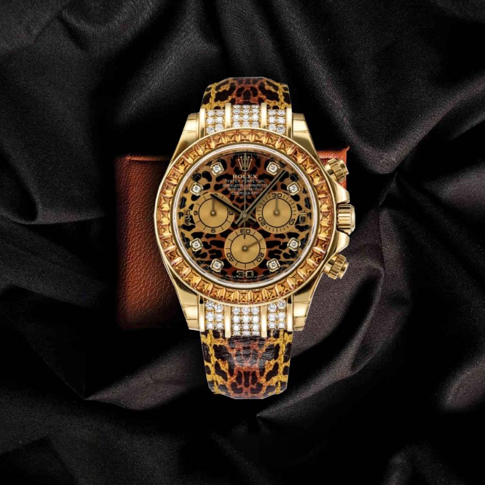 Rolex Cosmograph Daytona "Leopard" 40mm - Ref: 116598 - Leopard Diamond Dial & Orange Sapphire Bezel, 18K Yellow Gold & Leopard Print Leather Strap Watch