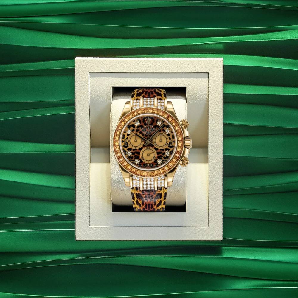 Rolex Cosmograph Daytona "Leopard" 40mm - Ref: 116598 - Leopard Diamond Dial & Orange Sapphire Bezel, 18K Yellow Gold & Leopard Print Leather Strap Watch