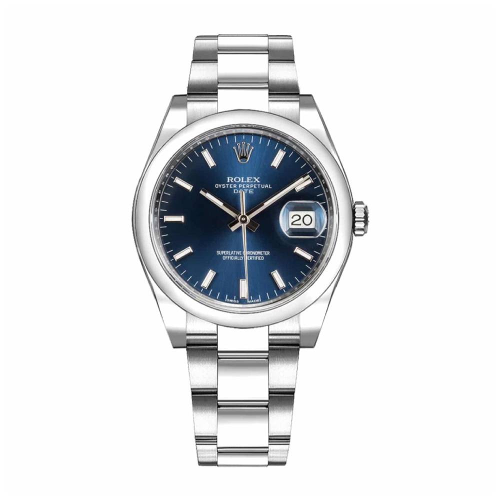 Rolex Date 34mm - Ref: 115200-0007 - Blue Index Dial, Stainless Steel Oyster Bracelet Watch