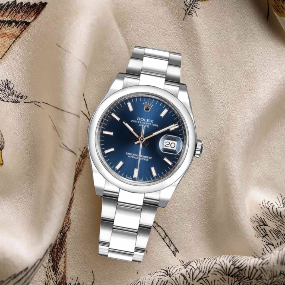 Rolex Date 34mm - Ref: 115200-0007 - Blue Index Dial, Stainless Steel Oyster Bracelet Watch