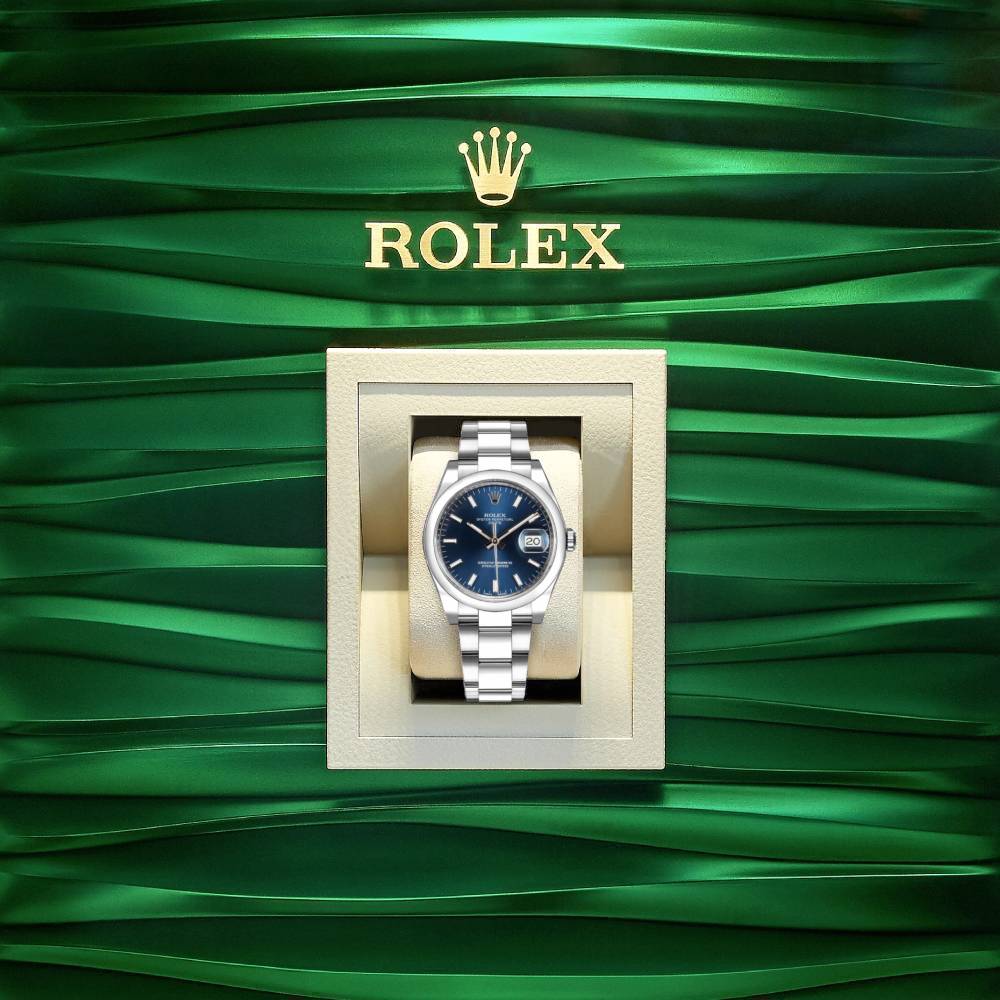 Rolex Date 34mm - Ref: 115200-0007 - Blue Index Dial, Stainless Steel Oyster Bracelet Watch