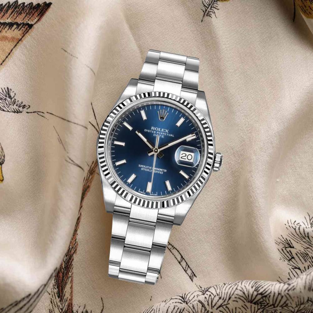 Rolex Date 34mm - Ref: 115234-0004 - Blue Index Dial, Stainless Steel Oyster Bracelet Watch