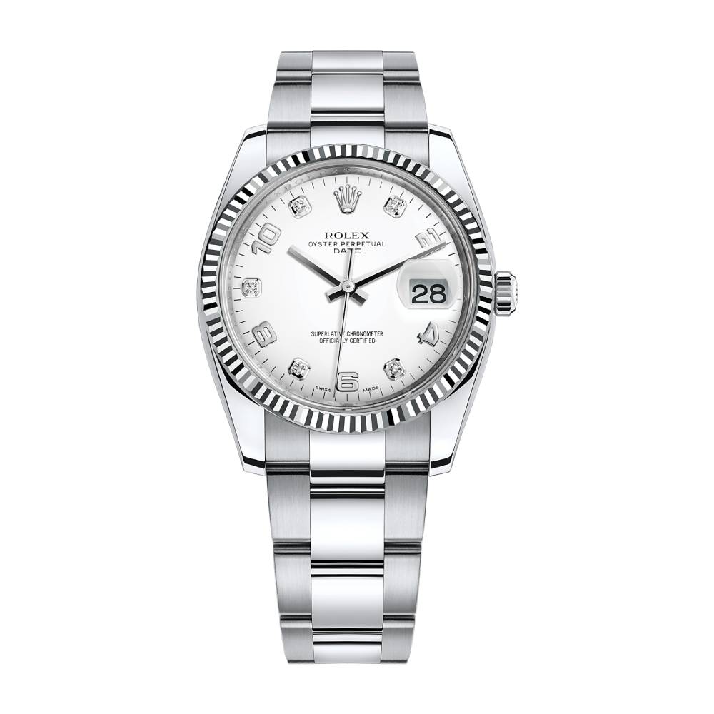 Rolex Date 34mm - Ref: 115234-0010 - White Diamond Dial, Stainless Steel Oyster Bracelet Watch