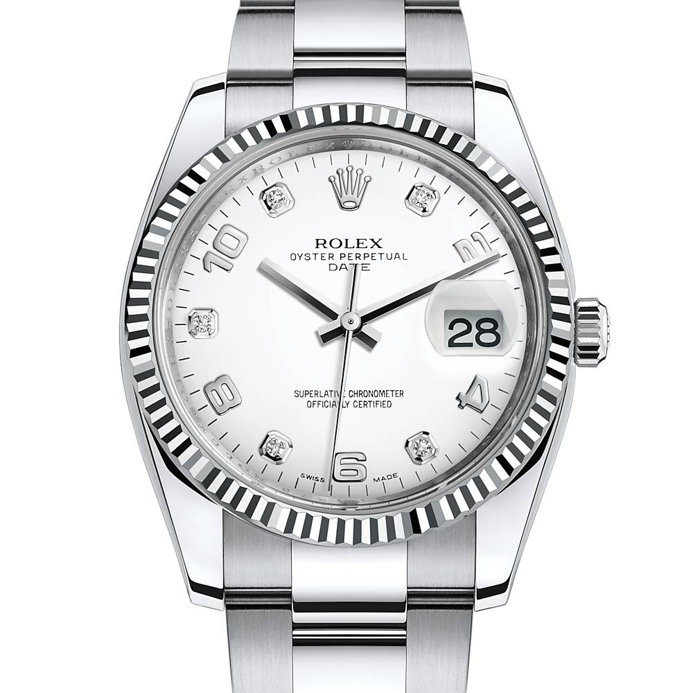 Rolex Date 34mm - Ref: 115234-0010 - White Diamond Dial, Stainless Steel Oyster Bracelet Watch