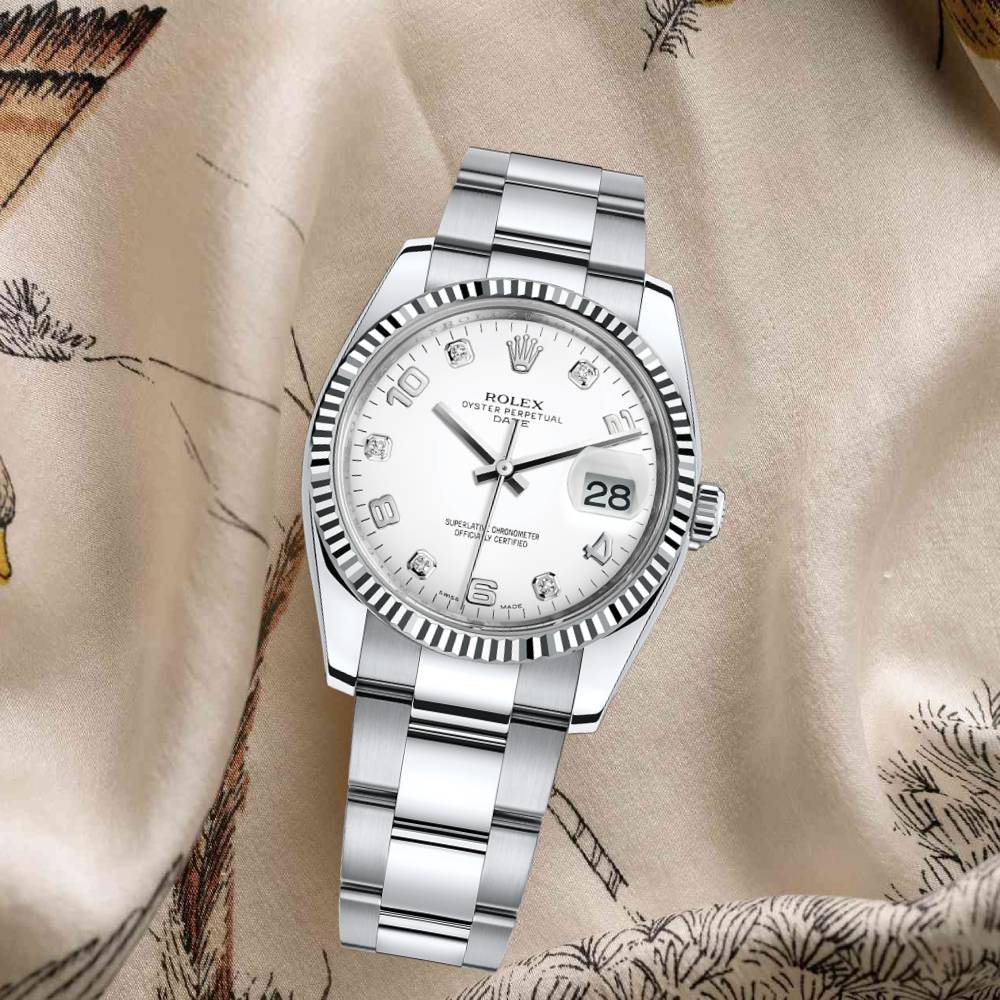 Rolex Date 34mm - Ref: 115234-0010 - White Diamond Dial, Stainless Steel Oyster Bracelet Watch