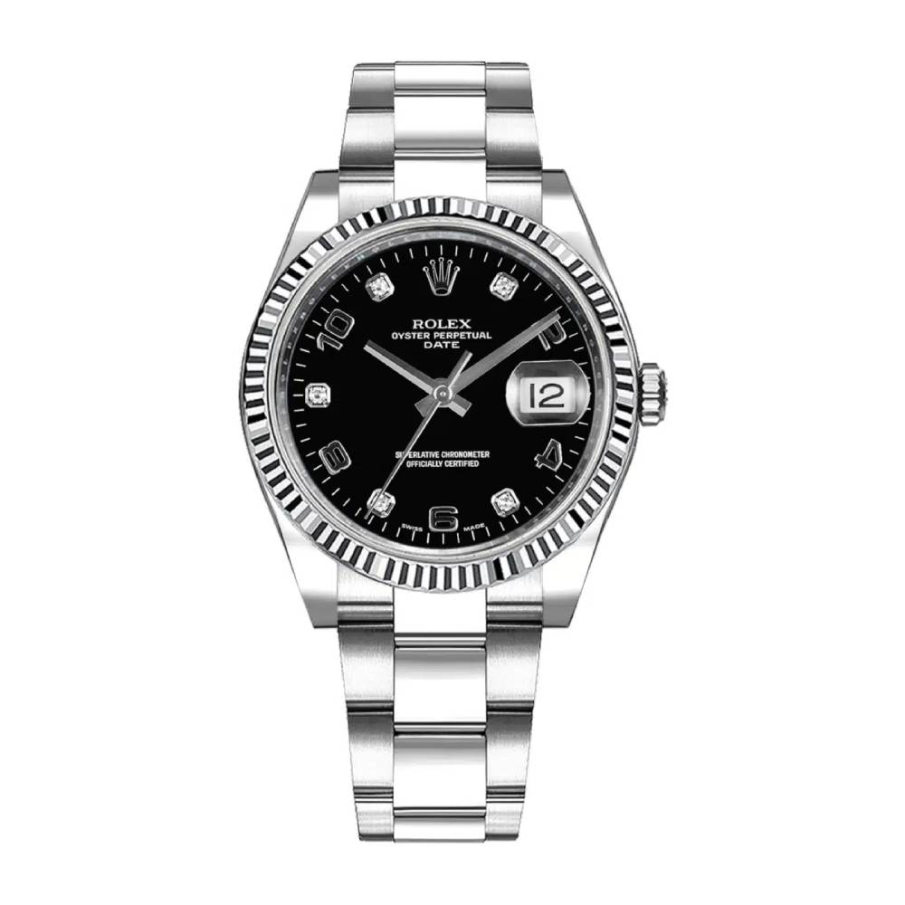 Rolex Date 34mm - Ref: 115234-0011 - Black Diamond Dial, Stainless Steel Oyster Bracelet Watch