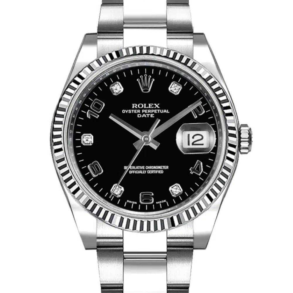 Rolex Date 34mm - Ref: 115234-0011 - Black Diamond Dial, Stainless Steel Oyster Bracelet Watch