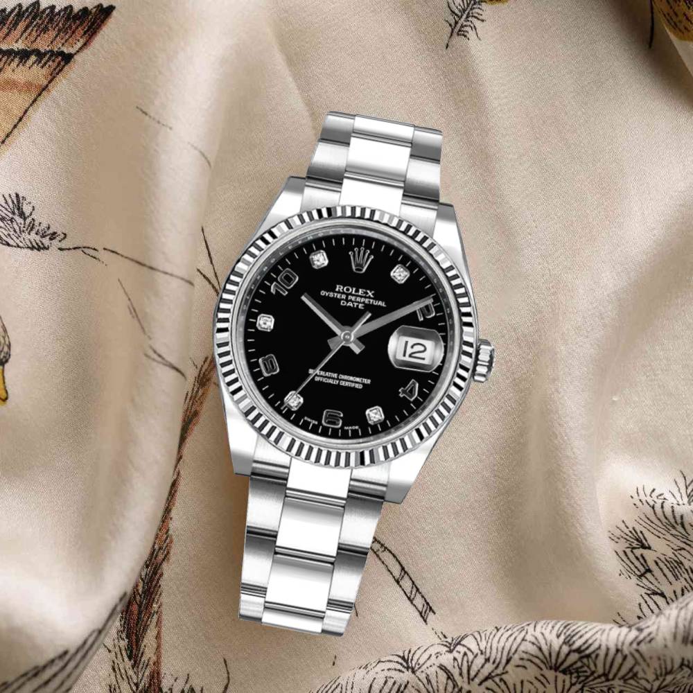 Rolex Date 34mm - Ref: 115234-0011 - Black Diamond Dial, Stainless Steel Oyster Bracelet Watch