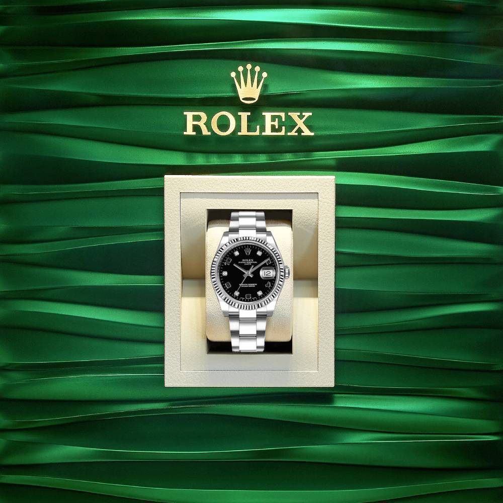 Rolex Date 34mm - Ref: 115234-0011 - Black Diamond Dial, Stainless Steel Oyster Bracelet Watch