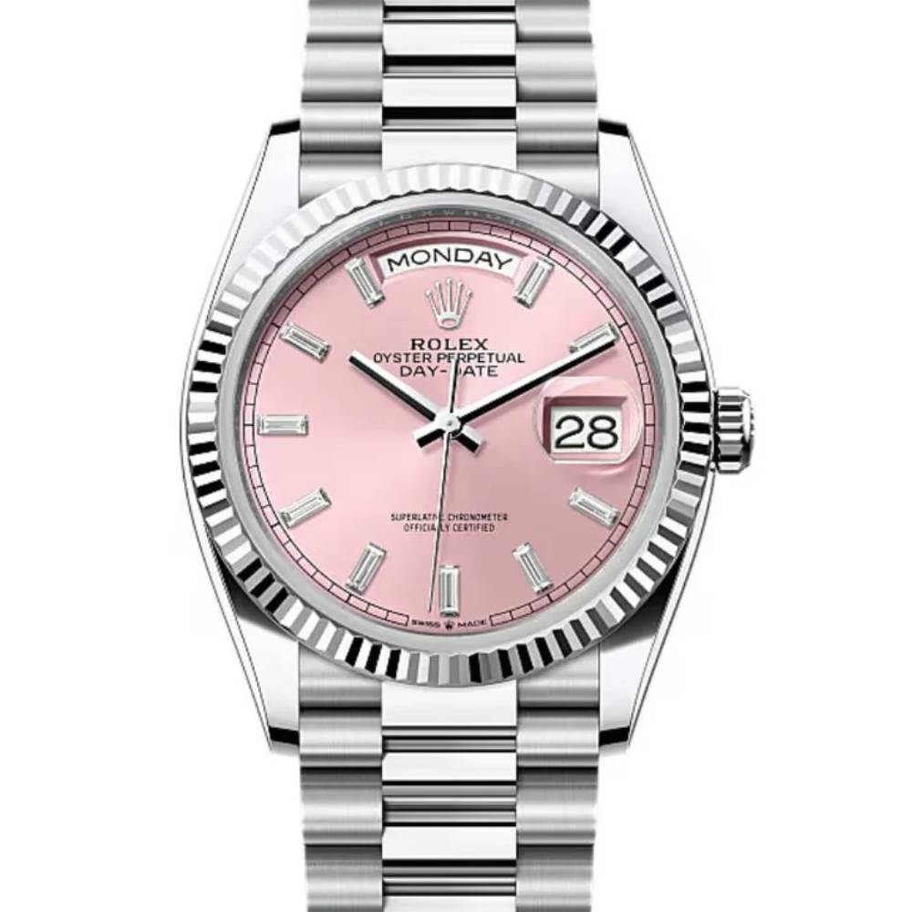 2024 Release Rolex Day-Date 36 mm | Platinum President bracelet | Pink Diamond dial Fluted bezel | Men's Watch 128236