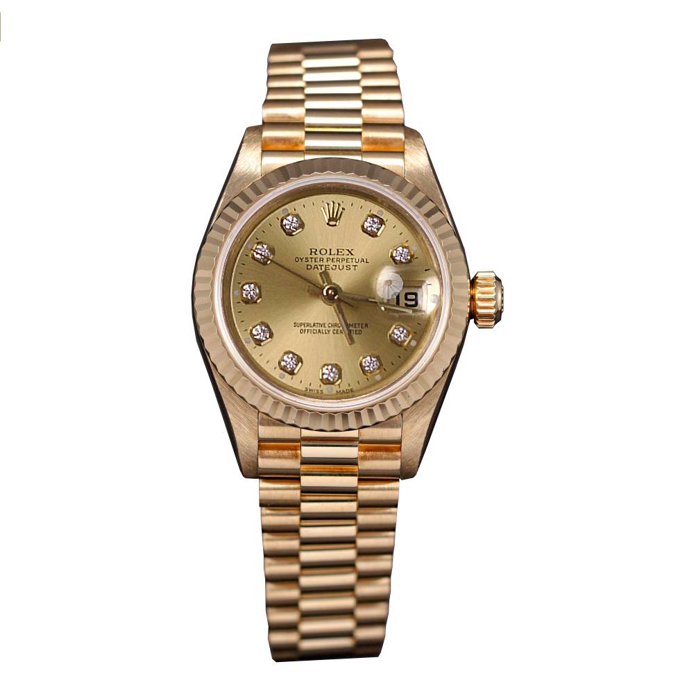 Rolex Datejust 26mm - Ref: 69178 - Champagne Diamond Dial, 18K Yellow Gold President Bracelet Women's Watch