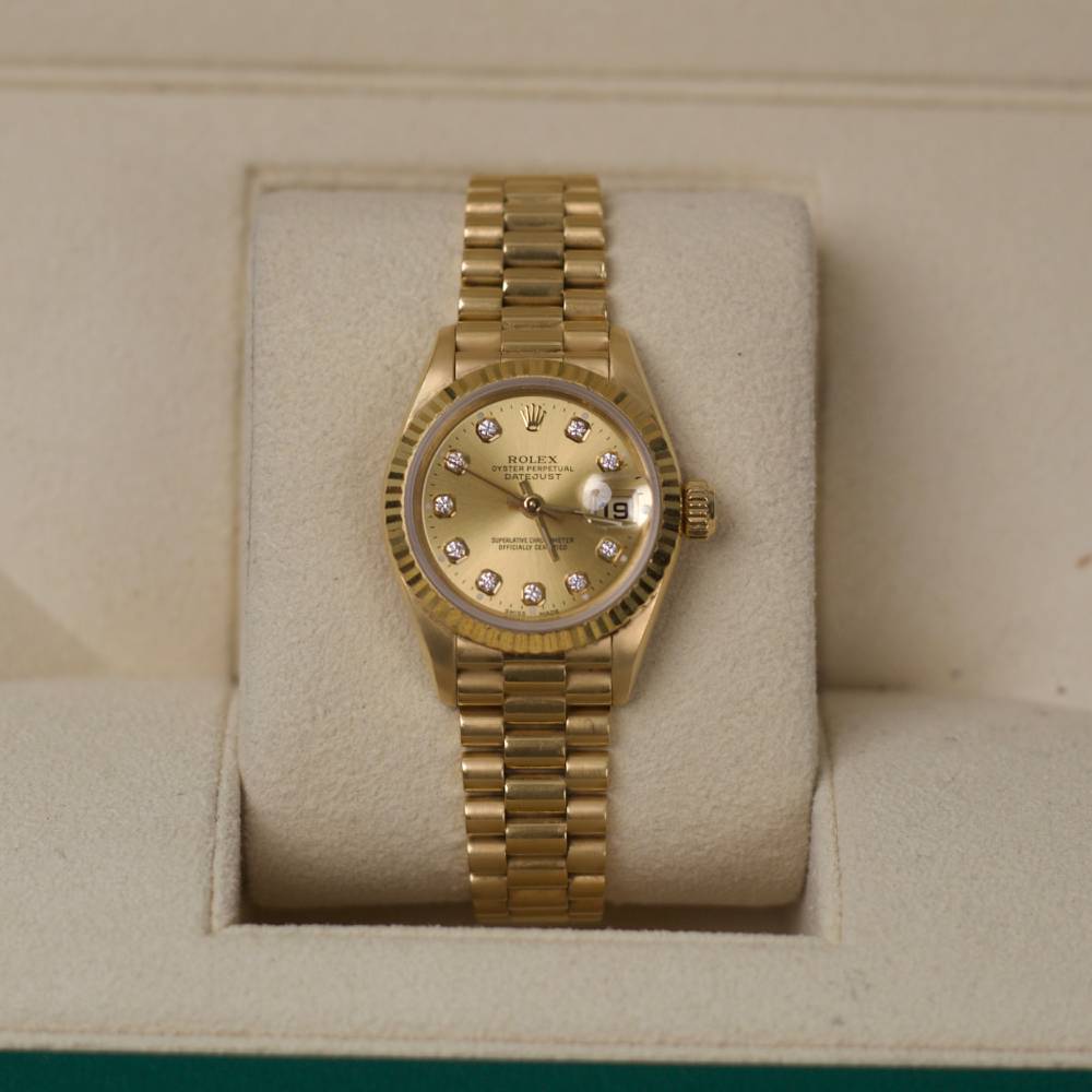 Rolex Datejust 26mm - Ref: 69178 - Champagne Diamond Dial, 18K Yellow Gold President Bracelet Women's Watch