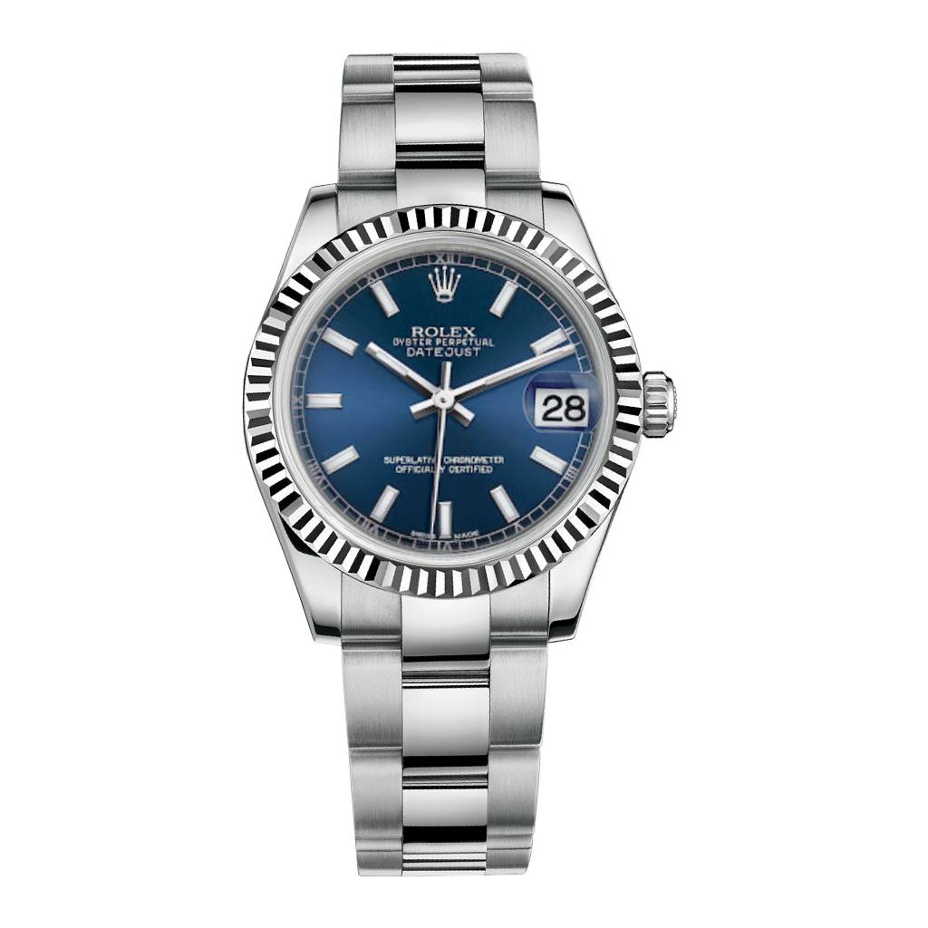 Rolex Datejust 31 Watch Blue Dial, Stainless steel Oyster Bracelet, 18k White Gold Fluted Bezel 178274-0038