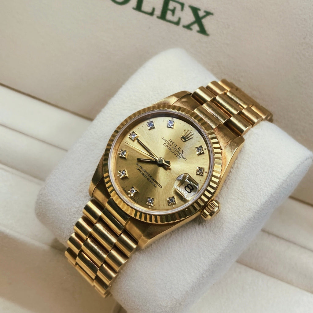 Rolex Datejust 31 mm | 18k Yellow gold President bracelet | Champagne dial Fluted bezel | Unisex Watch 68278