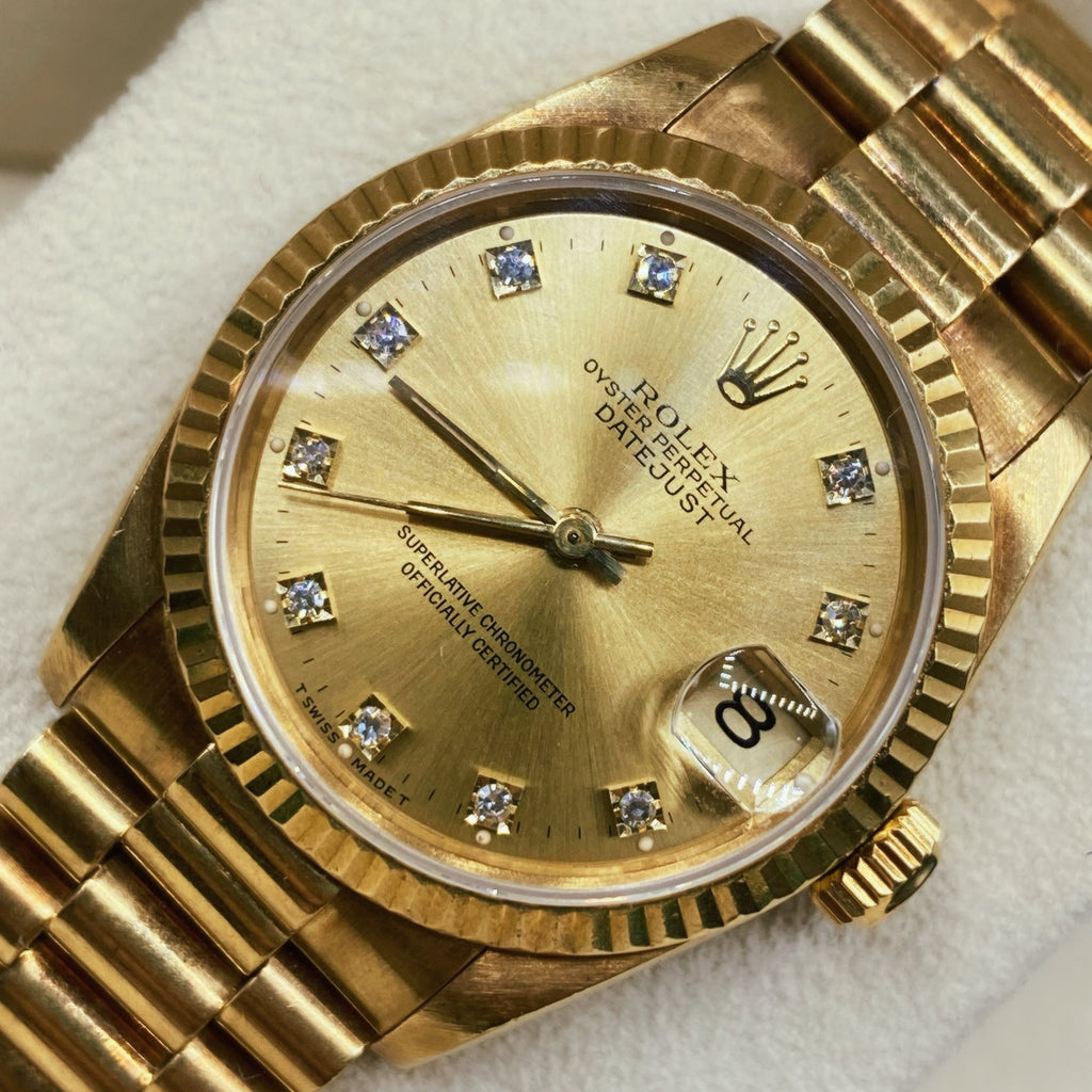 Rolex Datejust 31 mm | 18k Yellow gold President bracelet | Champagne dial Fluted bezel | Unisex Watch 68278