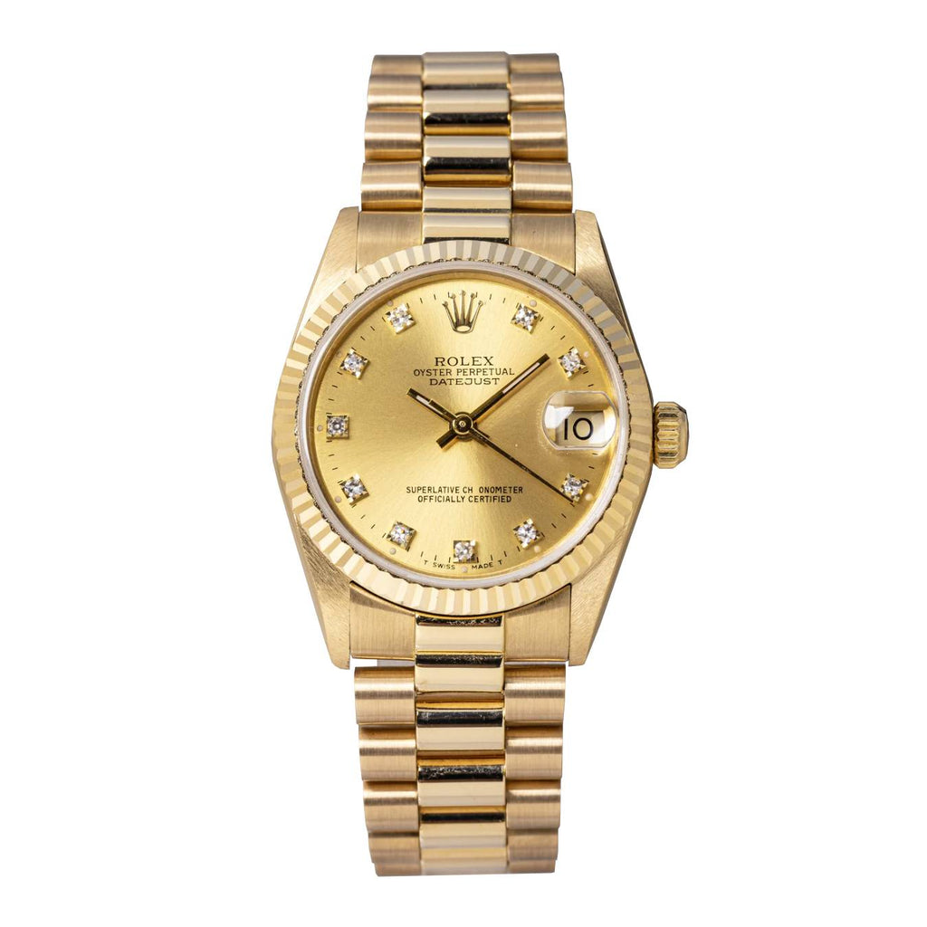 Rolex Datejust 31 mm | 18k Yellow gold President bracelet | Champagne dial Fluted bezel | Unisex Watch 68278