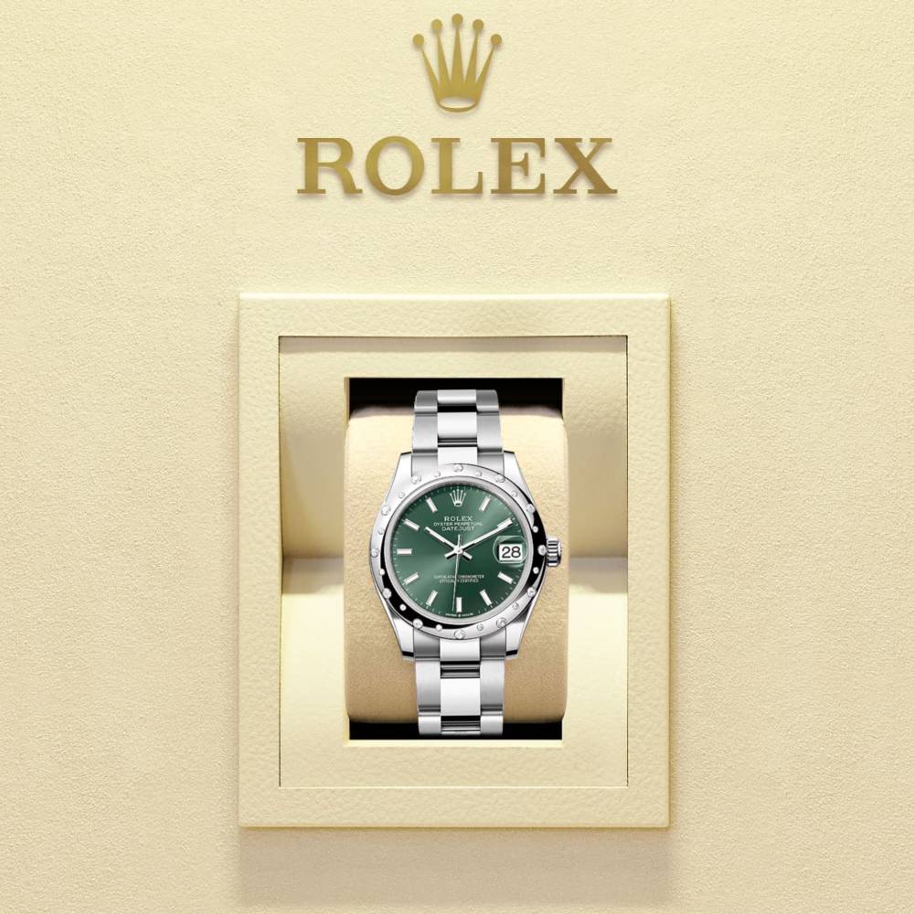 Rolex Datejust 31mm - Ref: 278344rbr-0019 - Mint Green Stick Dial & Diamond Bezel, Stainless Steel Oyster Bracelet Women's Watch