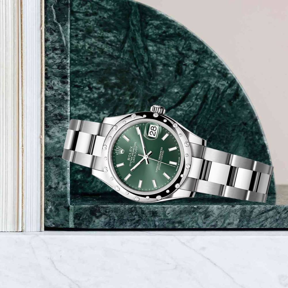 Rolex Datejust 31mm - Ref: 278344rbr-0019 - Mint Green Stick Dial & Diamond Bezel, Stainless Steel Oyster Bracelet Women's Watch