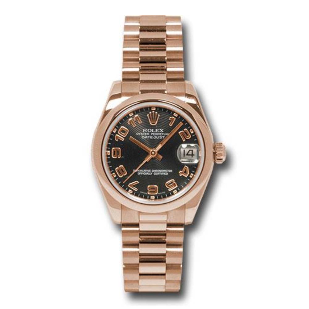 Rolex Datejust 31mm | 18k Rose Gold President bracelet | Black dial Smooth bezel | 18K Rose gold Case Ladies Watch 178245 bkap