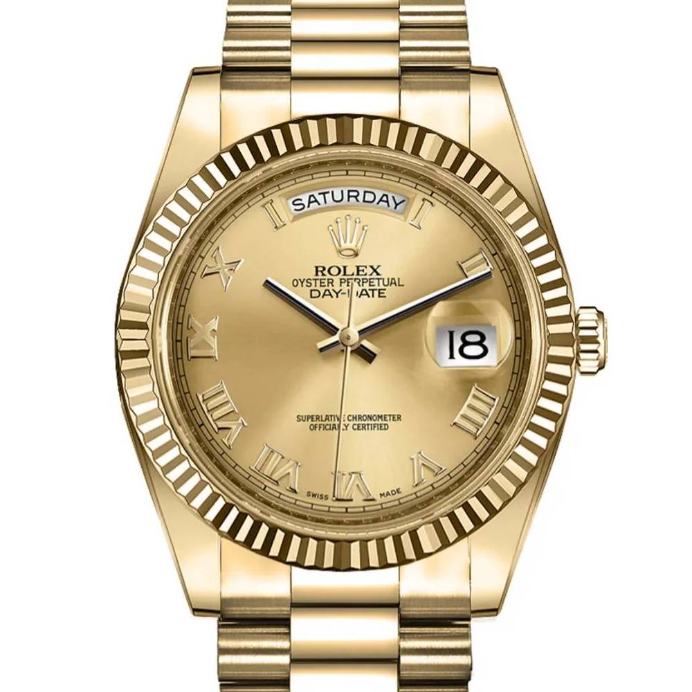 Rolex Day Date 41mm - Ref: 218238 - Champagne Roman Dial & Fluted Bezel, 18K Yellow Gold President Bracelet Men's Watch