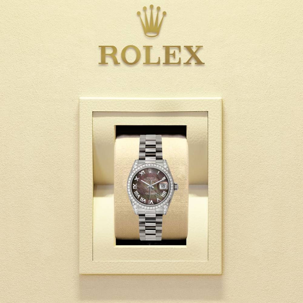Rolex Datejust 31mm - Ref: 178159 dkmrp - Dark Mother of Pearl Dial & Diamond Bezel, 18K White Gold President Bracelet Women's Watch