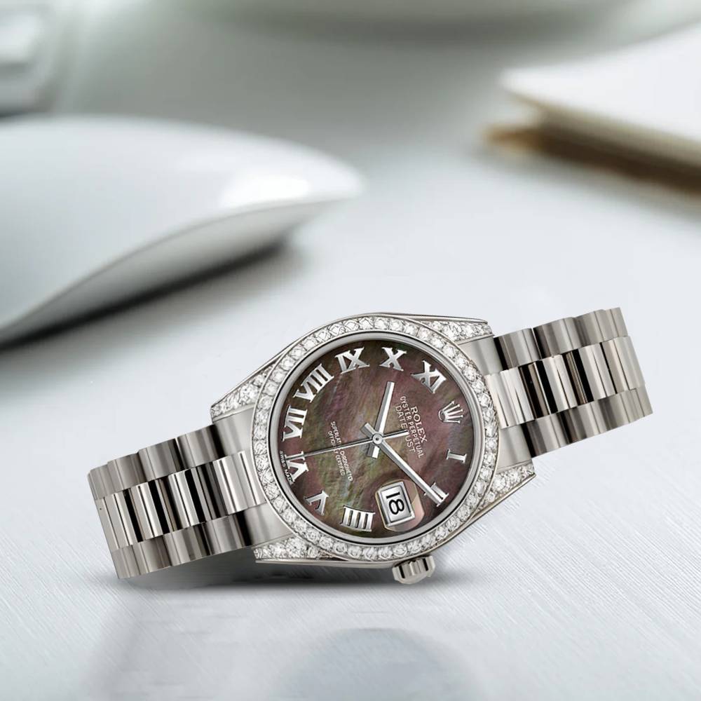 Rolex Datejust 31mm - Ref: 178159 dkmrp - Dark Mother of Pearl Dial & Diamond Bezel, 18K White Gold President Bracelet Women's Watch