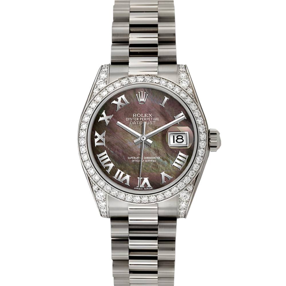 Rolex Datejust 31mm - Ref: 178159 dkmrp - Dark Mother of Pearl Dial & Diamond Bezel, 18K White Gold President Bracelet Women's Watch