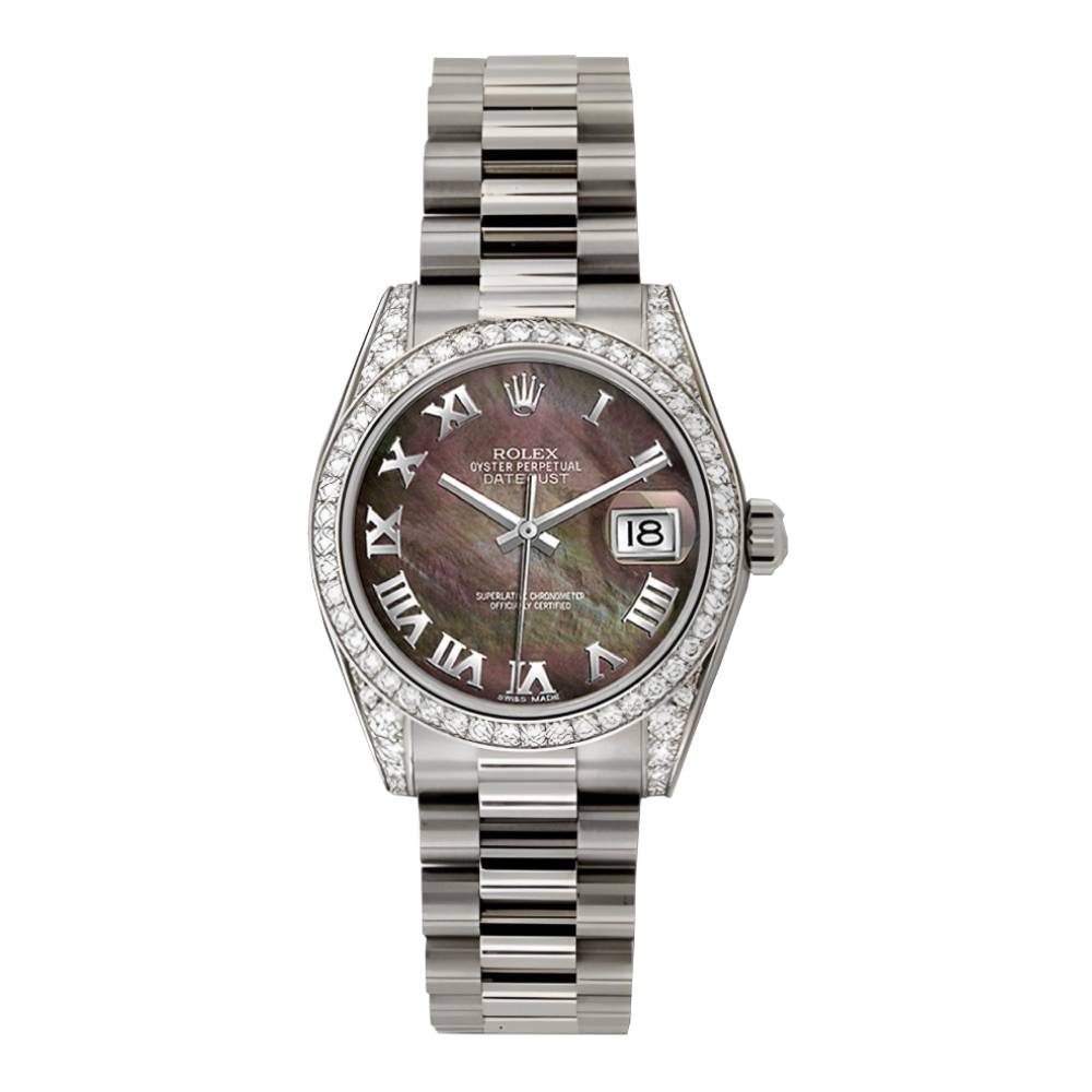 Rolex Datejust 31mm - Ref: 178159 dkmrp - Dark Mother of Pearl Dial & Diamond Bezel, 18K White Gold President Bracelet Women's Watch