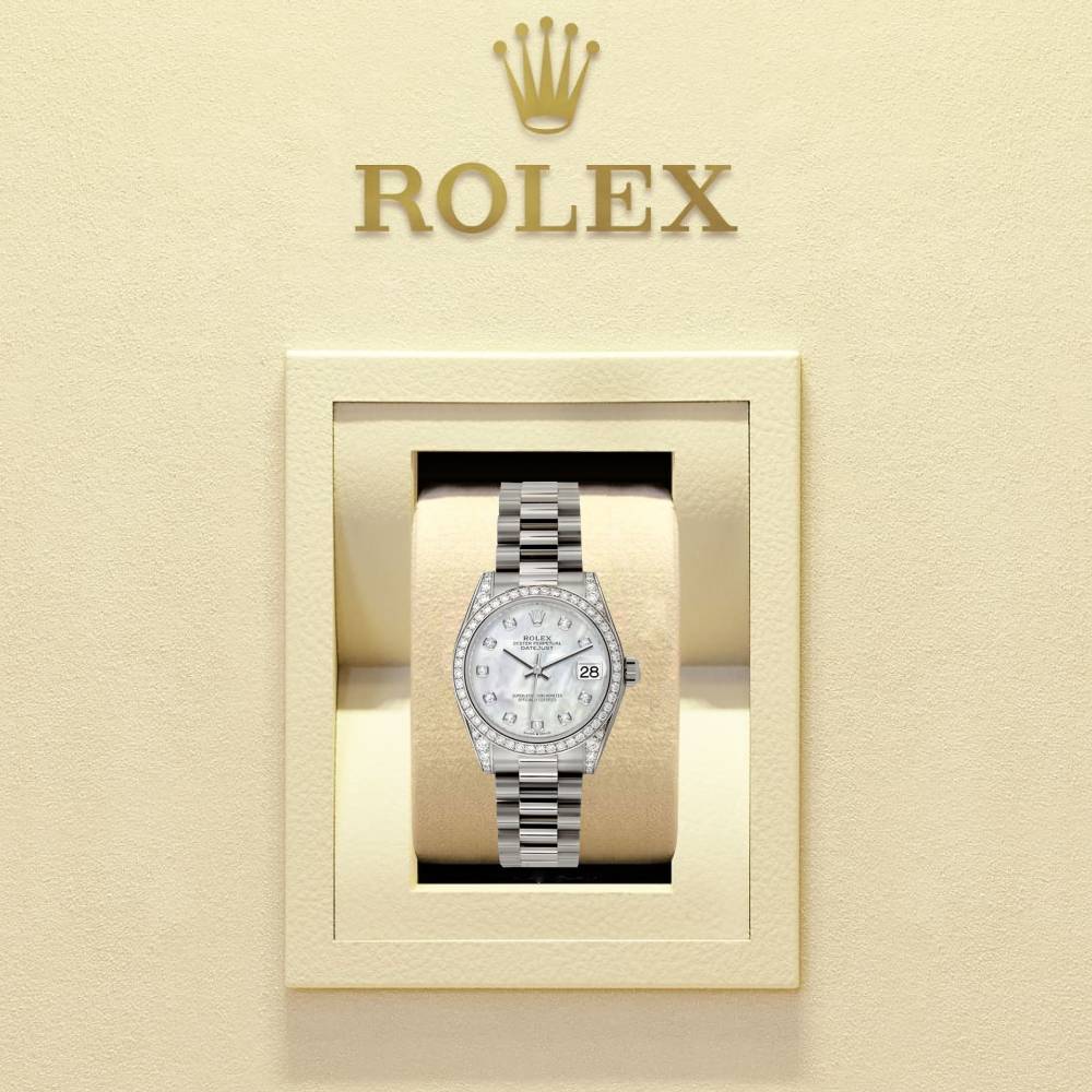 Rolex Datejust 31mm - Ref: 178159 mdp - White Mother of Pearl Diamond Dial & Diamond Bezel & Case, 18K White Gold Presidential Bracelet Women's Watch
