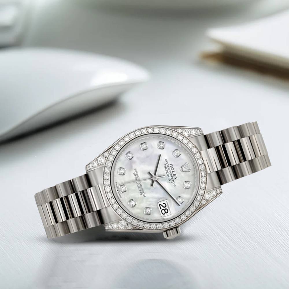 Rolex Datejust 31mm - Ref: 178159 mdp - White Mother of Pearl Diamond Dial & Diamond Bezel & Case, 18K White Gold Presidential Bracelet Women's Watch