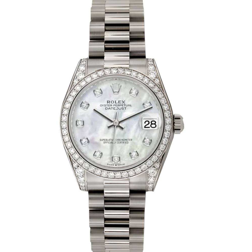 Rolex Datejust 31mm - Ref: 178159 mdp - White Mother of Pearl Diamond Dial & Diamond Bezel & Case, 18K White Gold Presidential Bracelet Women's Watch