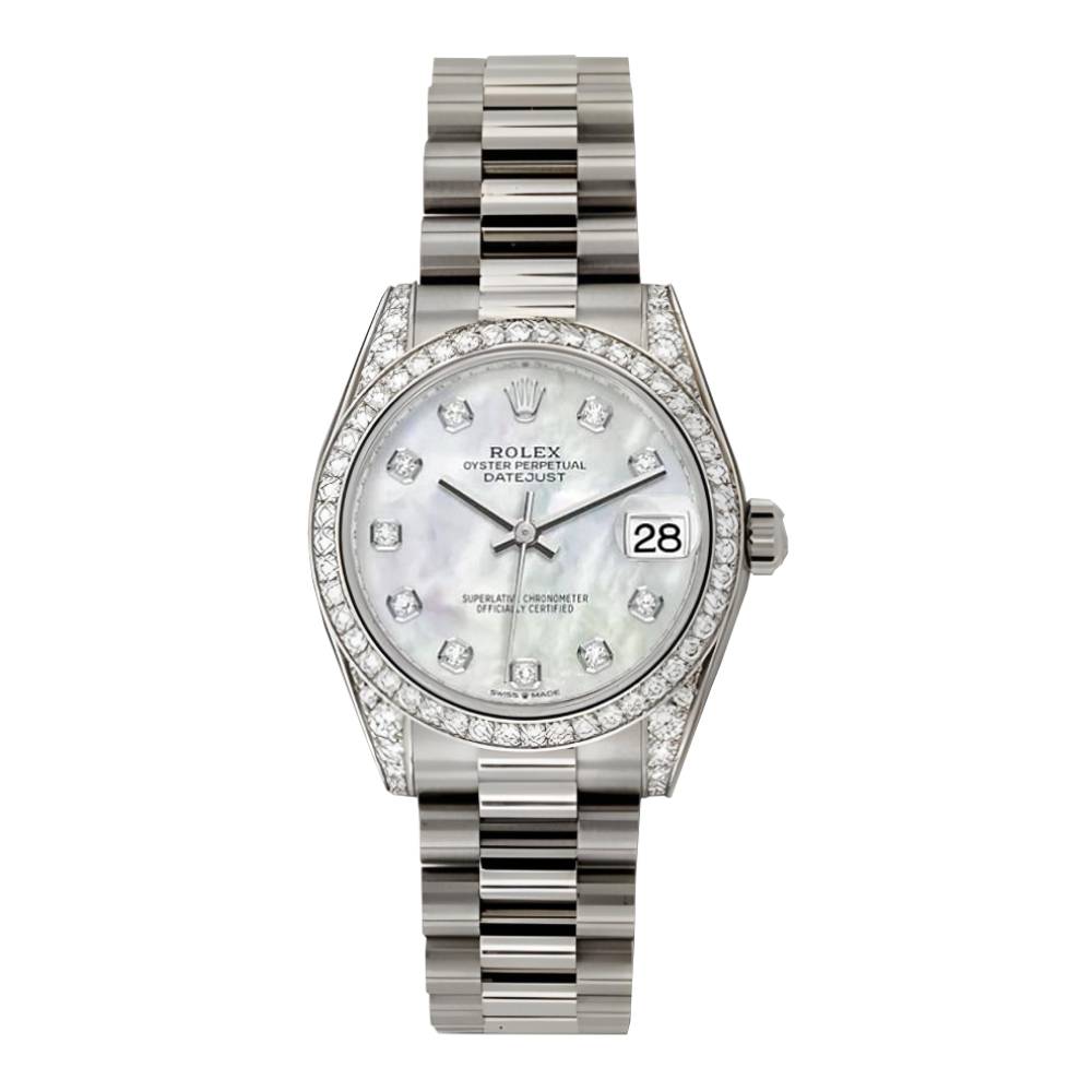 Rolex Datejust 31mm - Ref: 178159 mdp - White Mother of Pearl Diamond Dial & Diamond Bezel & Case, 18K White Gold Presidential Bracelet Women's Watch