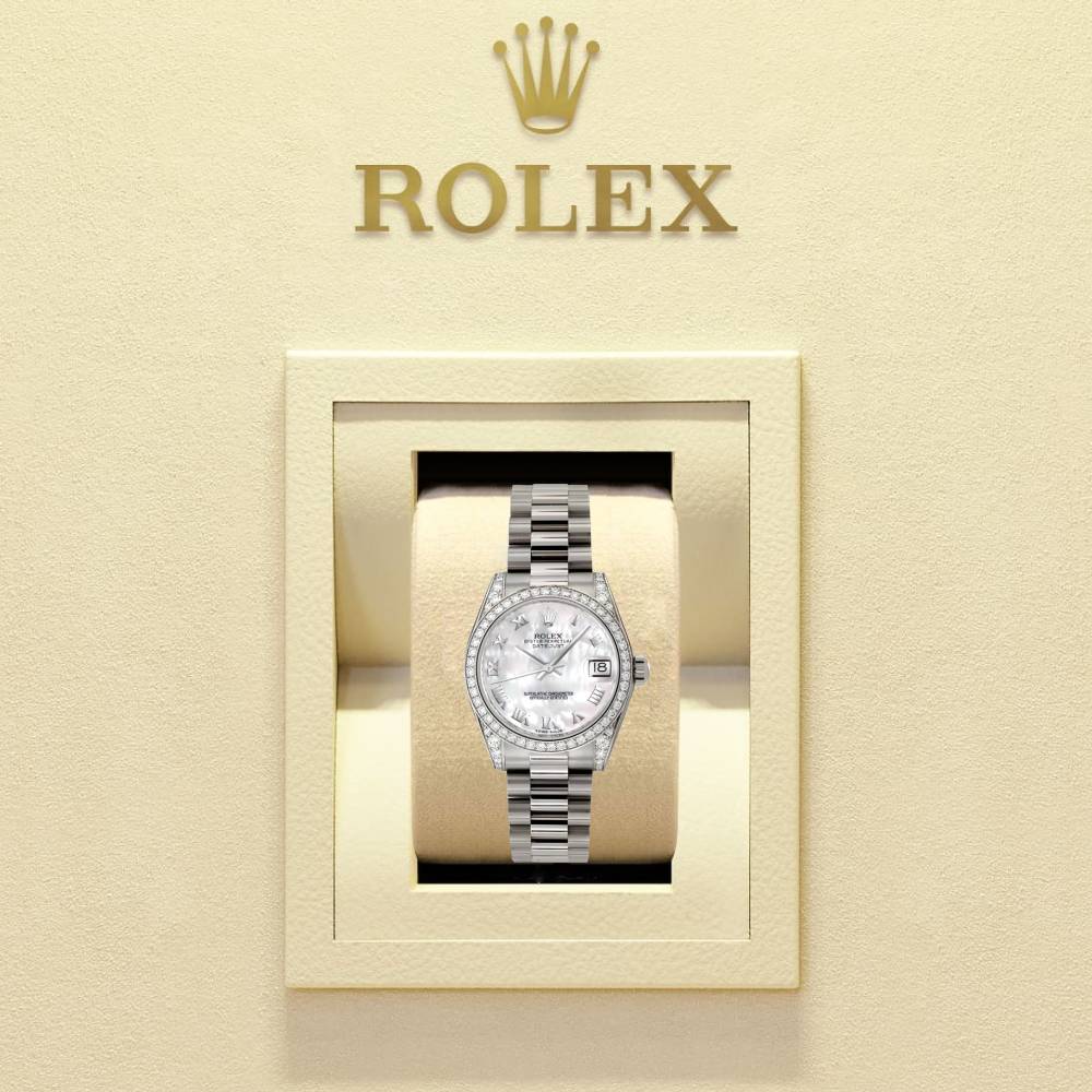 Rolex Datejust 31mm - Ref: 178159 mrp - White Mother of Pearl Dial & Diamond Bezel, 18K White Gold President Bracelet Women's Watch