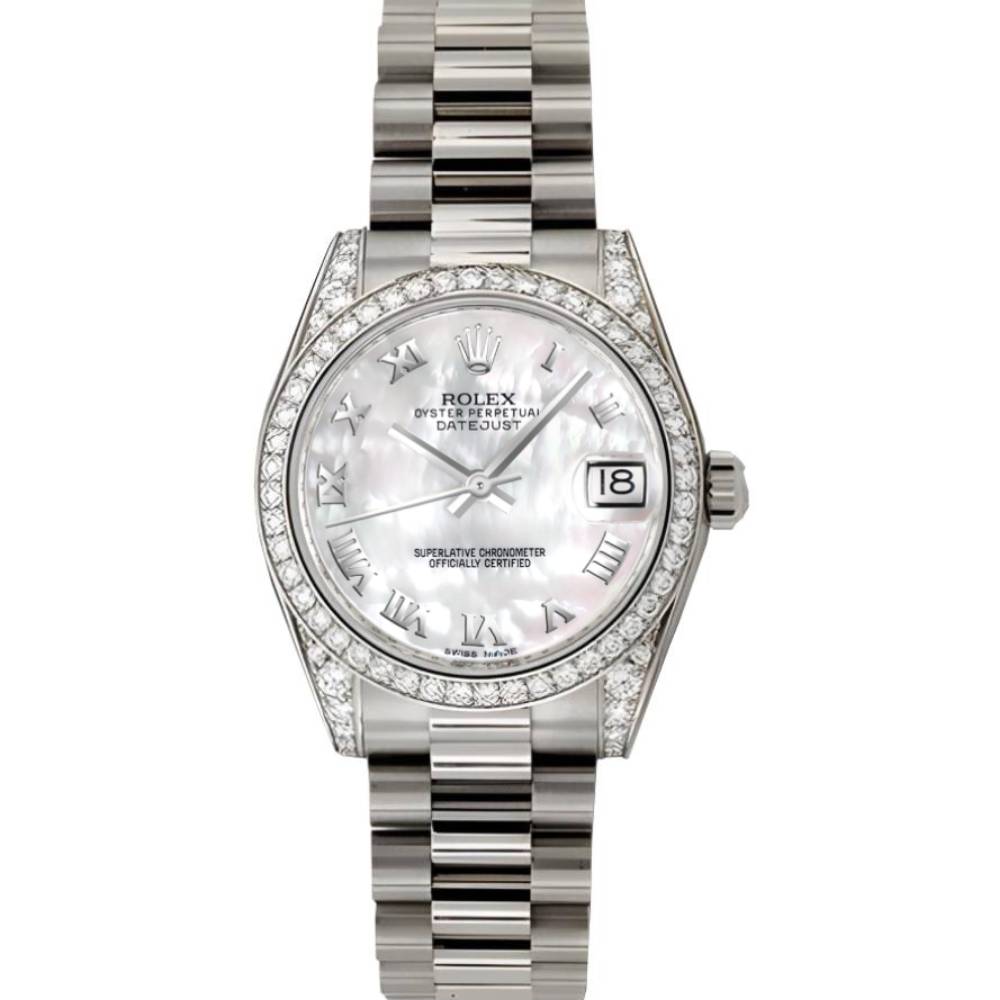 Rolex Datejust 31mm - Ref: 178159 mrp - White Mother of Pearl Dial & Diamond Bezel, 18K White Gold President Bracelet Women's Watch