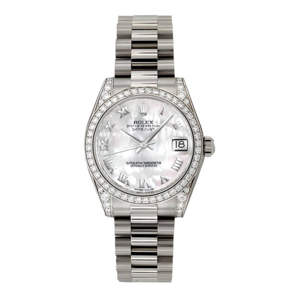 Rolex Datejust 31mm - Ref: 178159 mrp - White Mother of Pearl Dial & Diamond Bezel, 18K White Gold President Bracelet Women's Watch