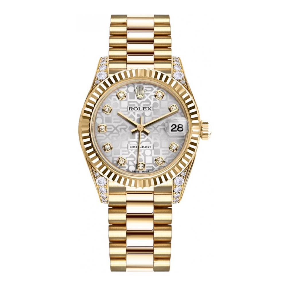 Rolex Datejust 31mm - Ref: 178238 sjdp - Silver Jubilee Dial, Diamond Case, 18K Yellow Gold President Bracelet Women's Watch