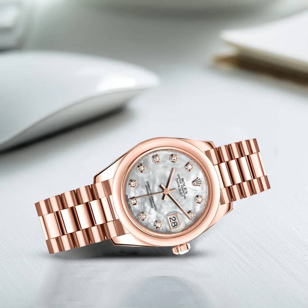 Rolex Datejust 31mm - Ref: 178245 mdp - White Mother of Pearl Diamond Dial, 18K Rose Gold Presidential Bracelet Women's Watch