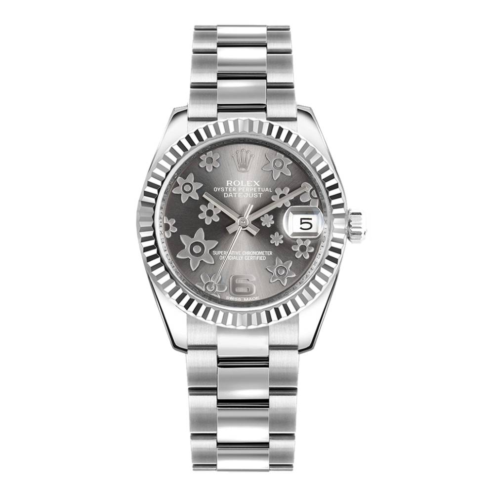 Rolex Datejust 31mm - Ref: 178274-0091 - Dark Rhodium Floral Motif Dial, Stainless Steel Oyster Bracelet Women's Watch
