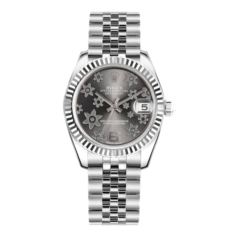 Rolex Datejust 31mm - Ref: 178274-0092 - Dark Rhodium Floral Motif Dial, Stainless Steel Jubilee Bracelet Women's Watch