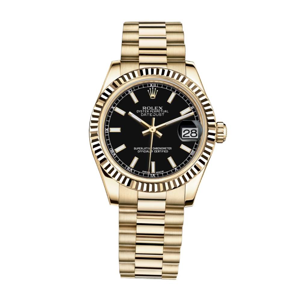 Rolex Datejust 31mm - Ref: 178278 bkip - Black Dial, 18K Yellow Gold President Bracelet Women's Watch
